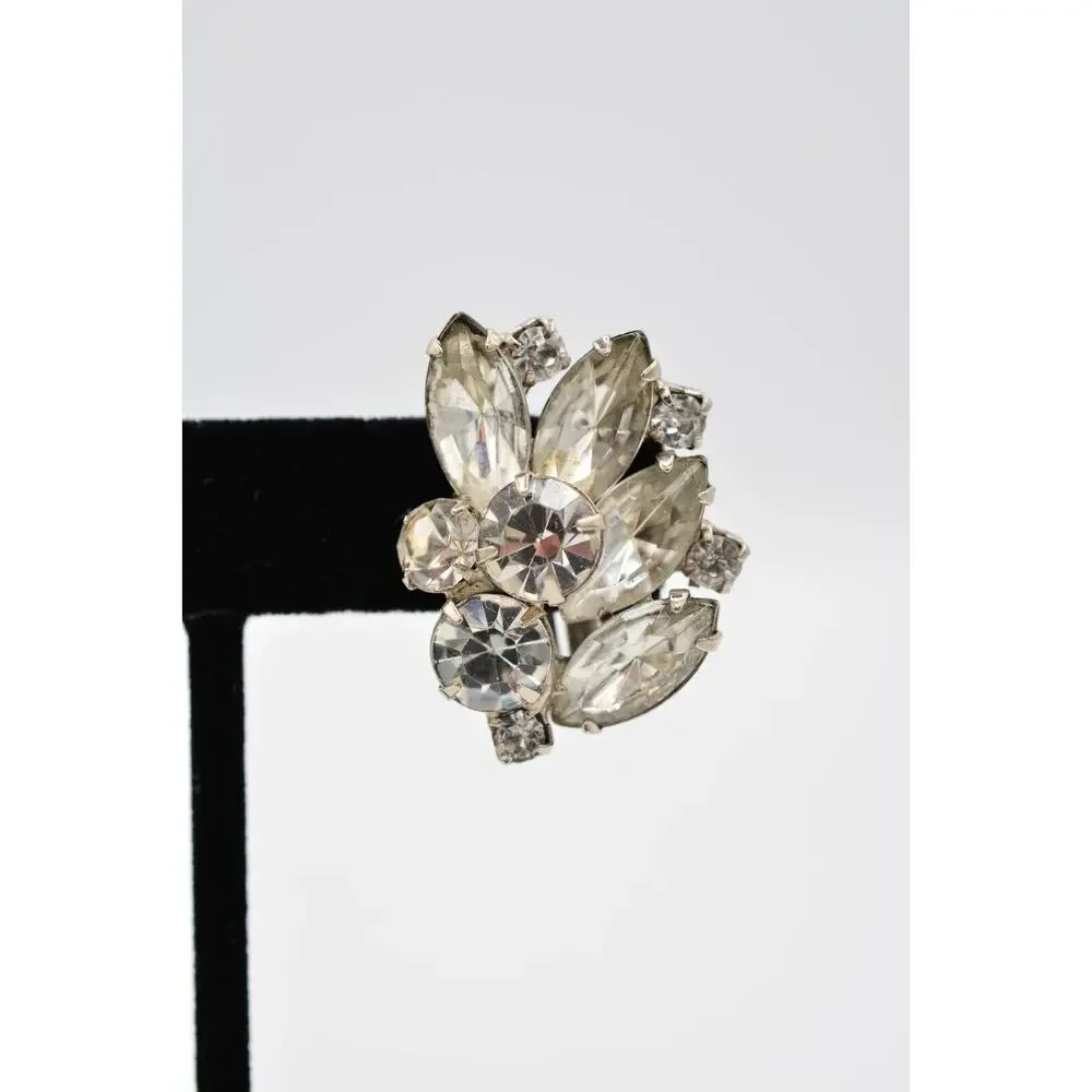 Vintage Crystal Clip Pm Earrings Shiny Rhinestone Marquise Silver 1980s BinAA